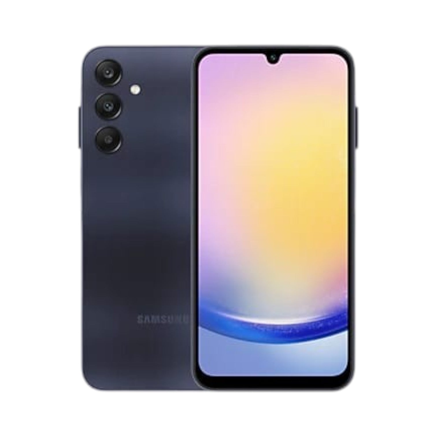 OBtech Samsung Galaxy A25 5G smartphone showing the front display and dark blue back panel with triple camera system.