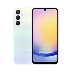 OBtech Samsung Galaxy A25 5G smartphone in white, showing the front display and rear triple camera system.