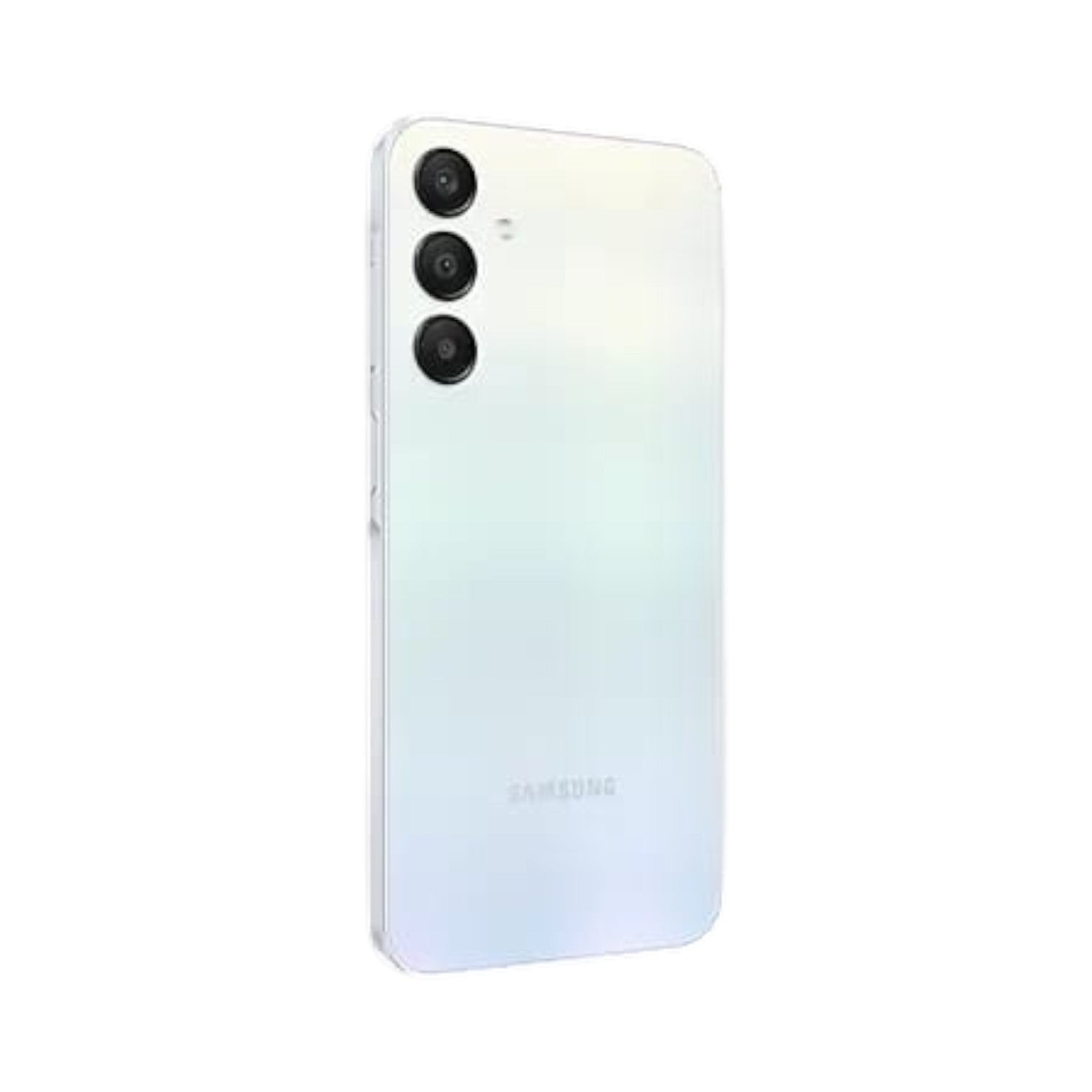 OBtech Samsung Galaxy A25 5G smartphone in white with a triple camera system, viewed from the rear angle.