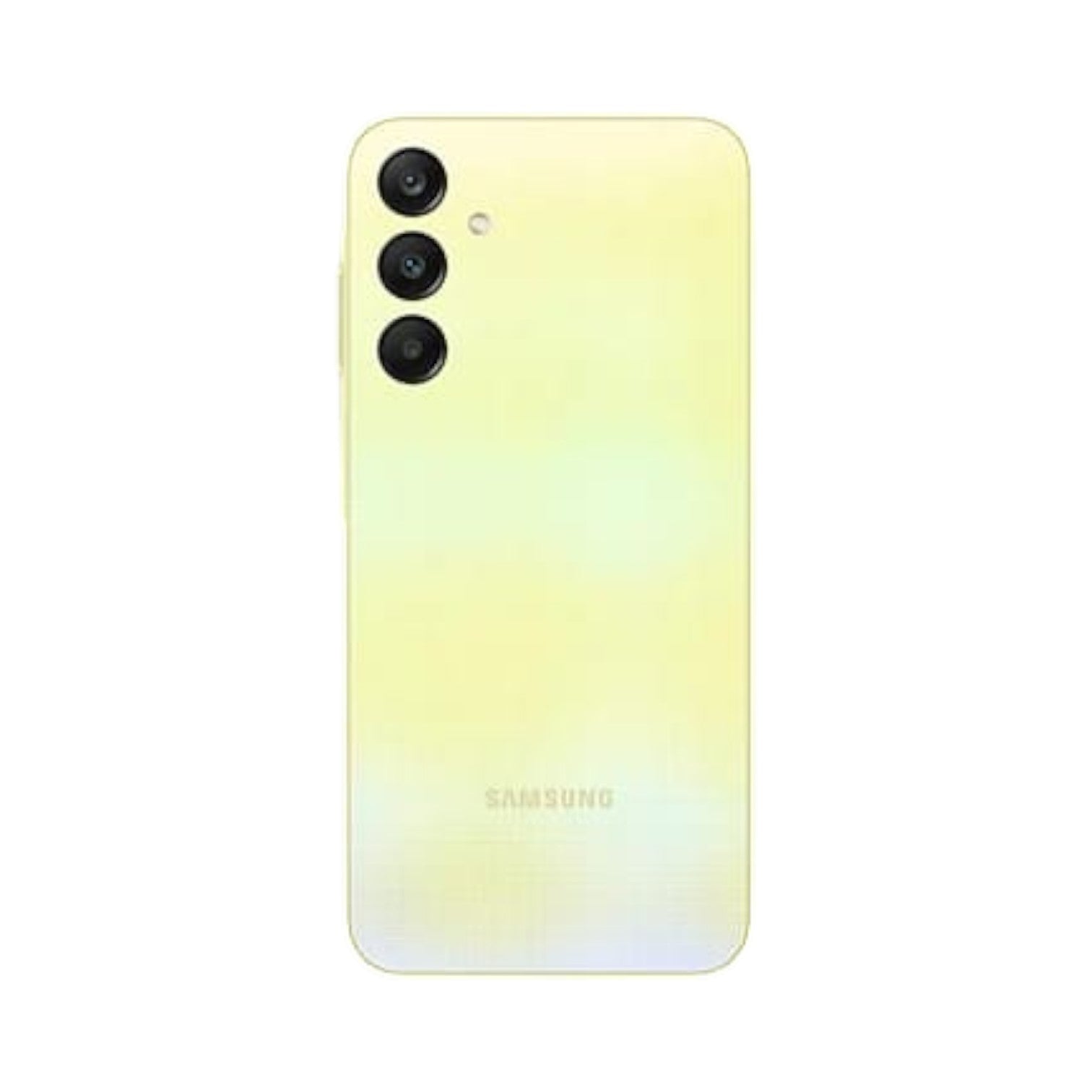 OBtech Samsung Galaxy A25 5G smartphone in a soft yellow finish, showing the triple camera system on the back.