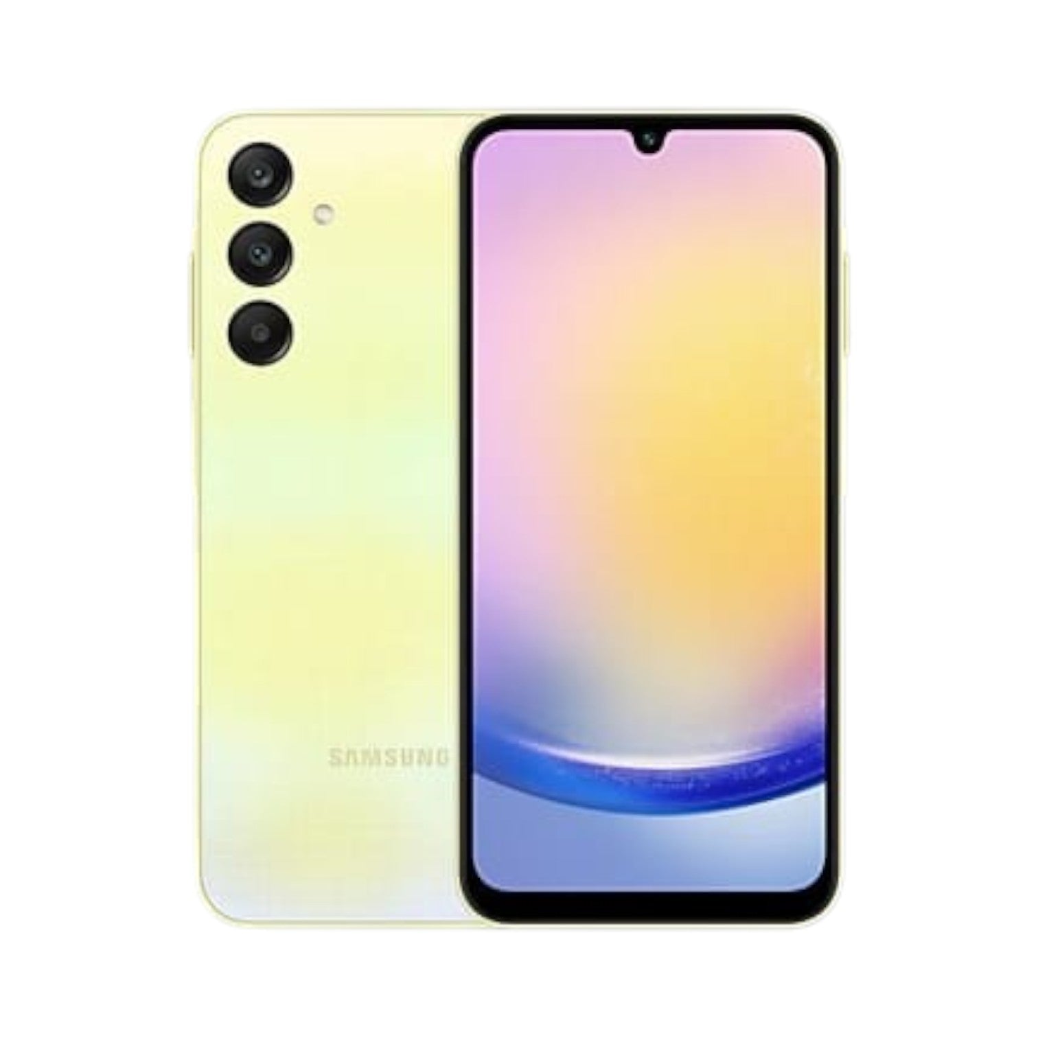OBtech Samsung Galaxy A25 5G smartphone in yellow, showing front display and rear triple camera system.
