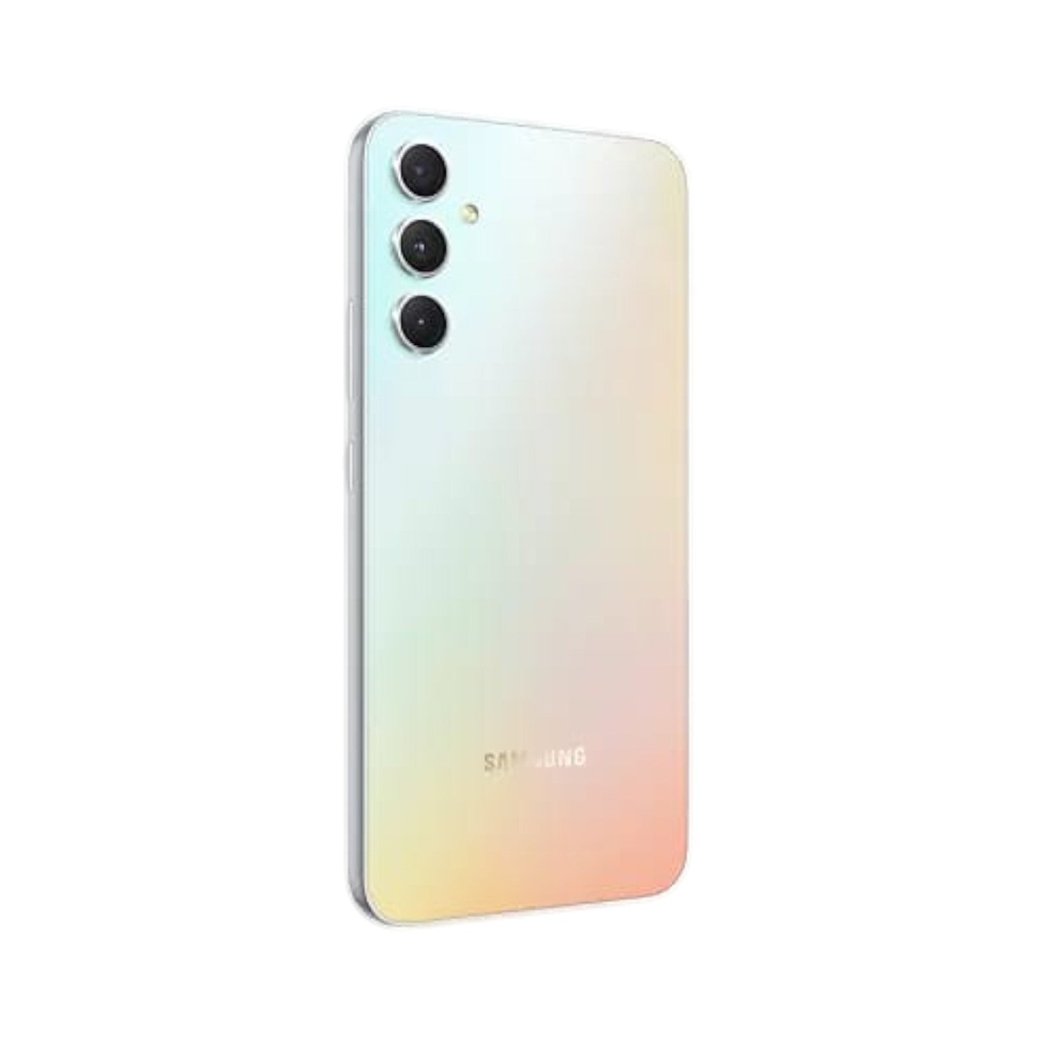 OBtech Samsung Galaxy A34 5G smartphone in a shimmering iridescent finish with a triple rear camera setup.