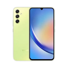 OBtech Samsung Galaxy A34 5G smartphone in light green with a vibrant AMOLED display and triple rear camera system.