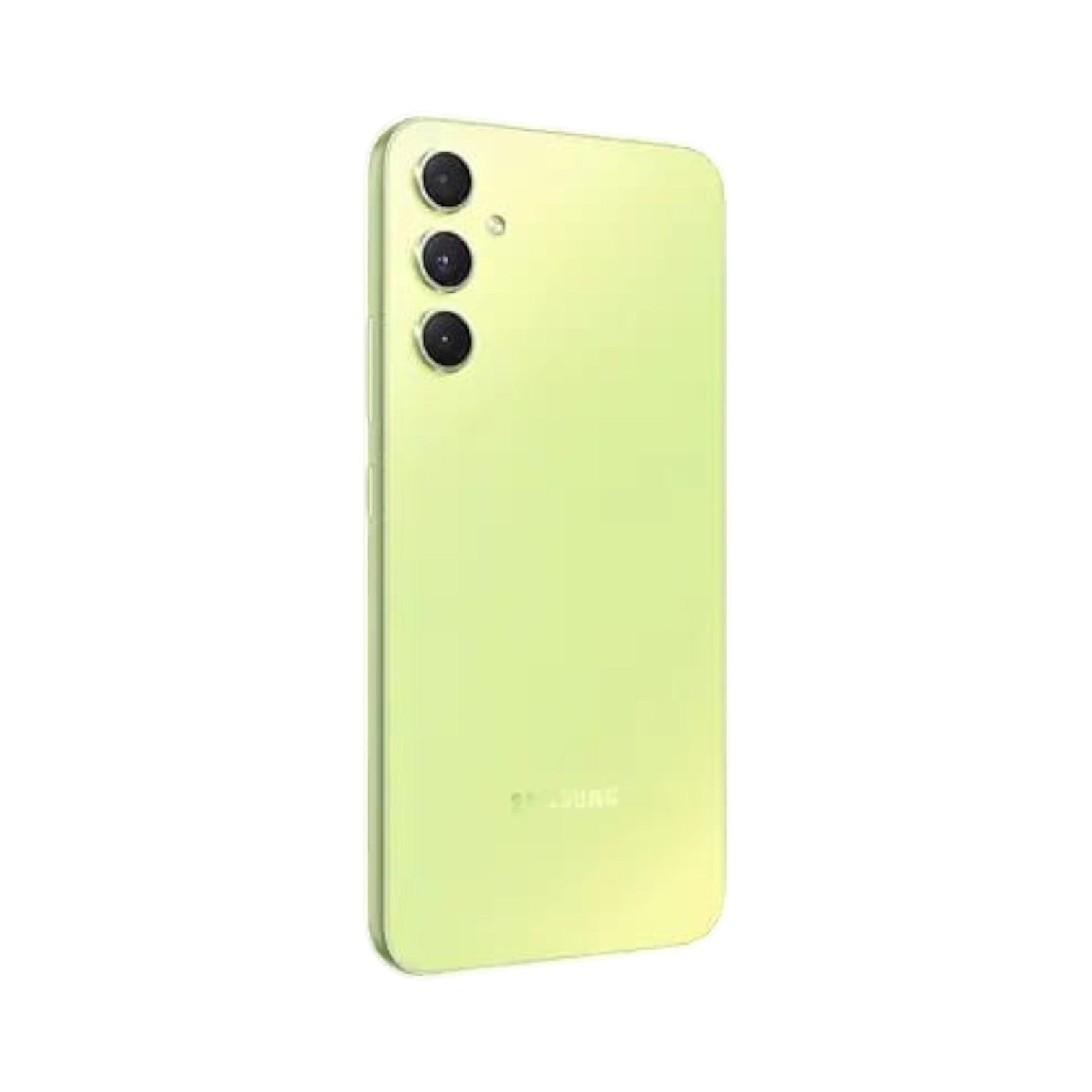 OBtech Samsung Galaxy A34 5G smartphone in lime green with a triple rear camera system, viewed from the back.