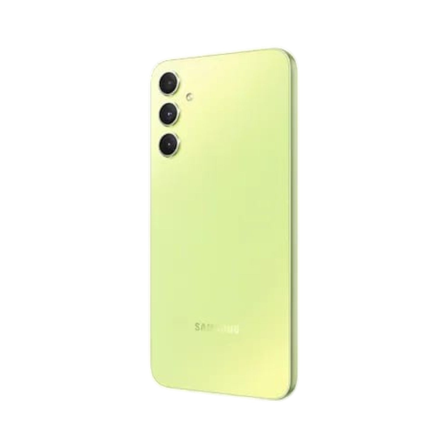 OBtech Samsung Galaxy A34 5G smartphone in a light lime green finish, shown from the rear with triple camera lenses.