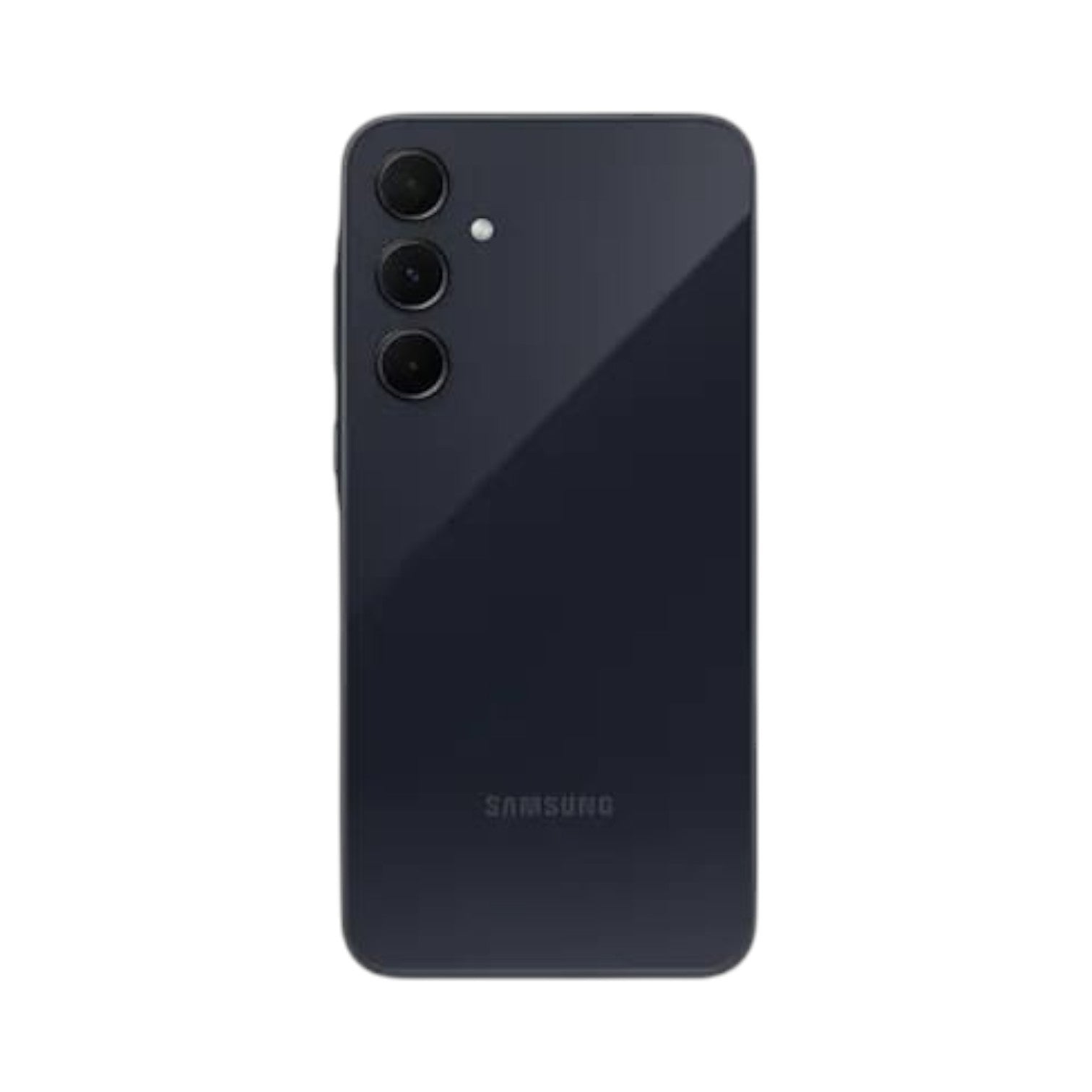 OBtech Samsung Galaxy A35 5G smartphone in dark blue with a triple camera system and sleek glass back design.