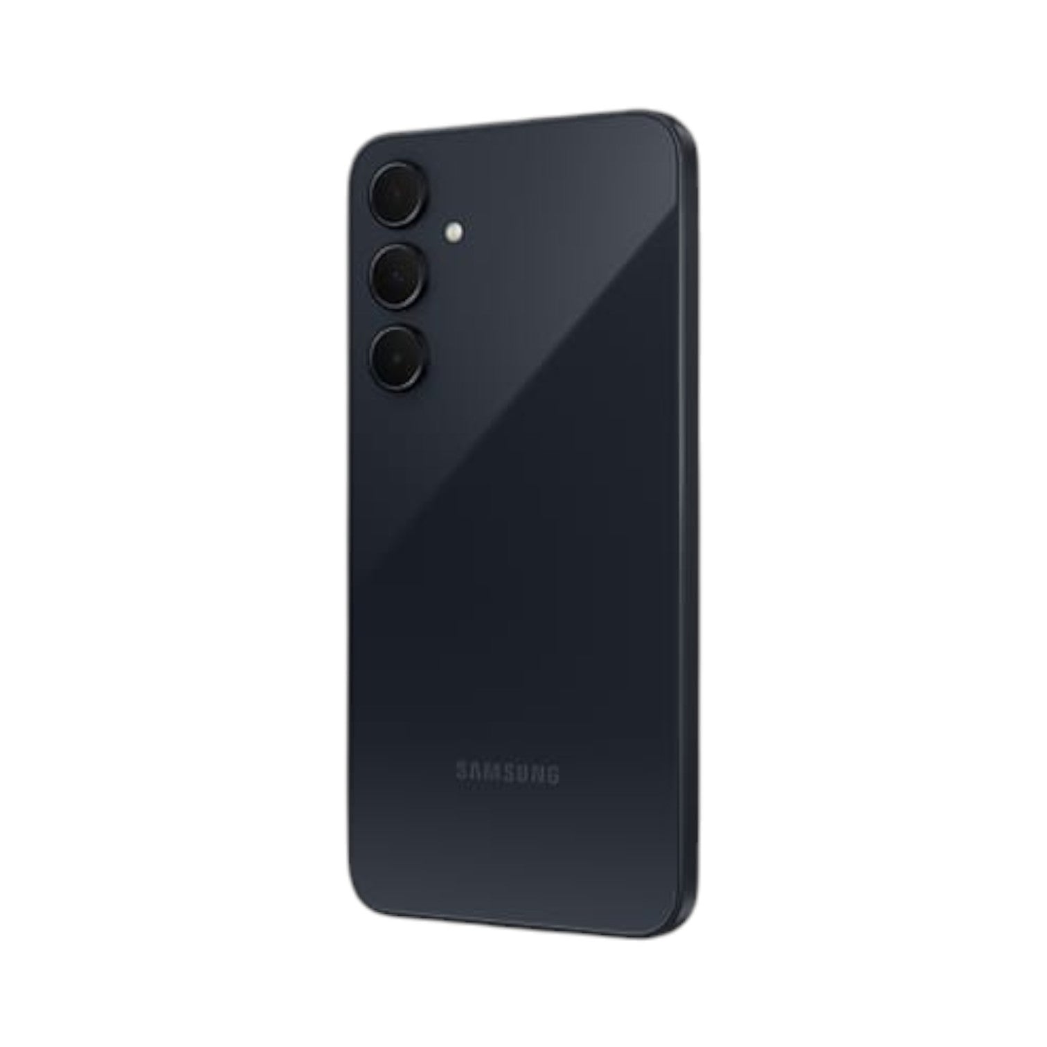 OBtech Samsung Galaxy A35 5G smartphone in black, showing the rear triple camera system and sleek glass finish.