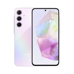 OBtech Samsung Galaxy A35 5G smartphone in light purple with a triple camera system and vibrant AMOLED display.