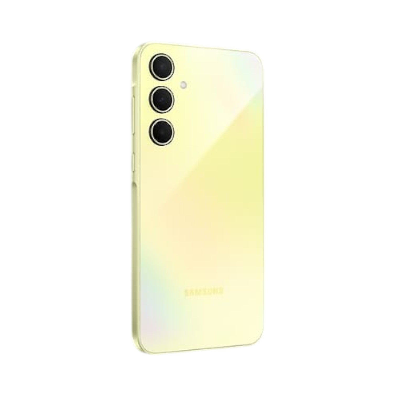 OBtech Samsung Galaxy A35 5G smartphone in yellow, showing the triple camera system and sleek glass back design.