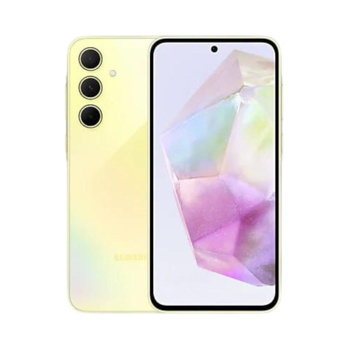 OBtech Samsung Galaxy A35 5G smartphone in yellow with a 6.6-inch Super AMOLED display and triple rear camera system.