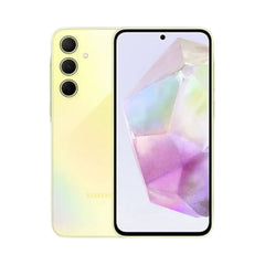 OBtech Samsung Galaxy A35 5G smartphone in yellow with a 6.6-inch Super AMOLED display and triple rear camera system.