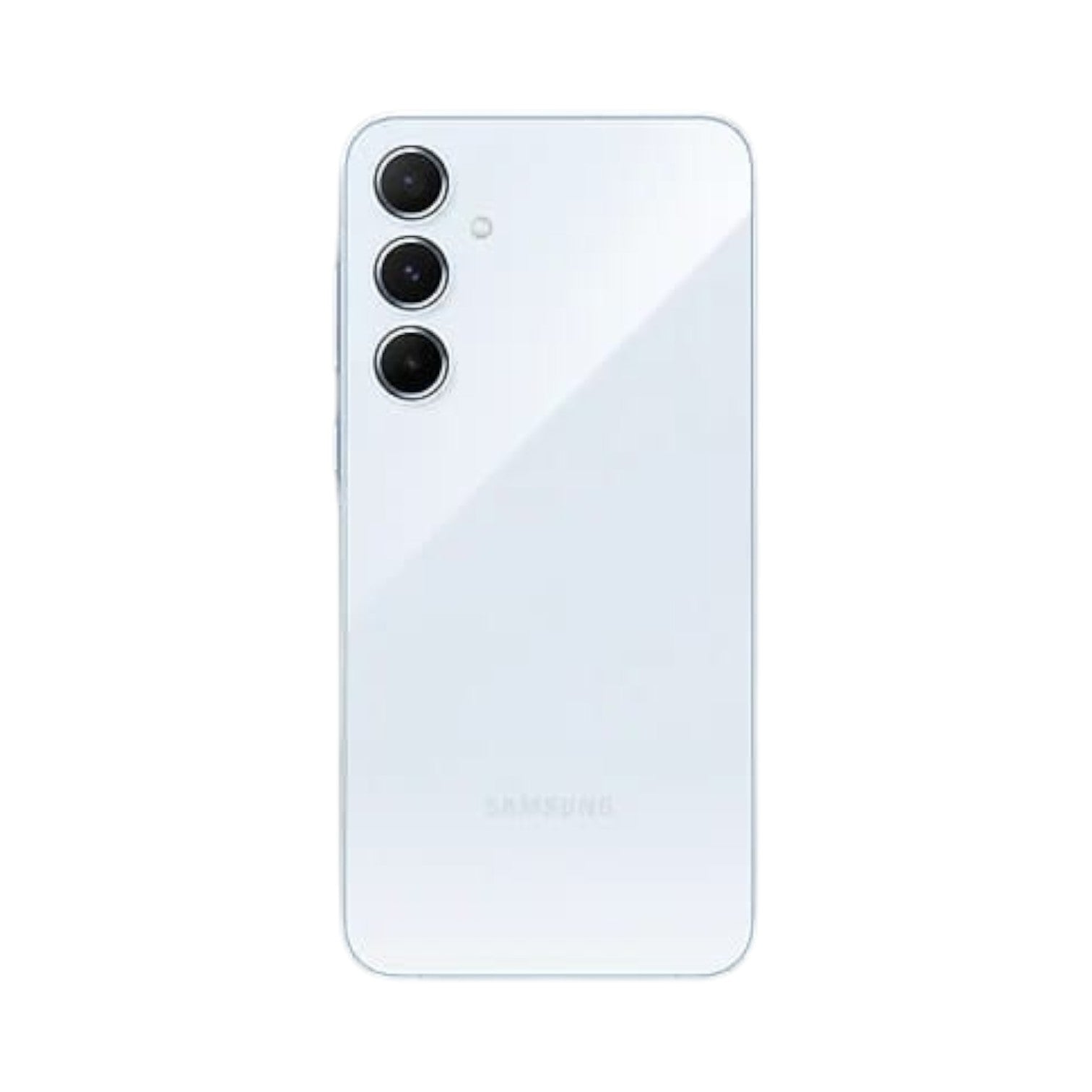 OBtech Samsung Galaxy A55 5G smartphone in light blue with a triple camera system and premium glass back design.