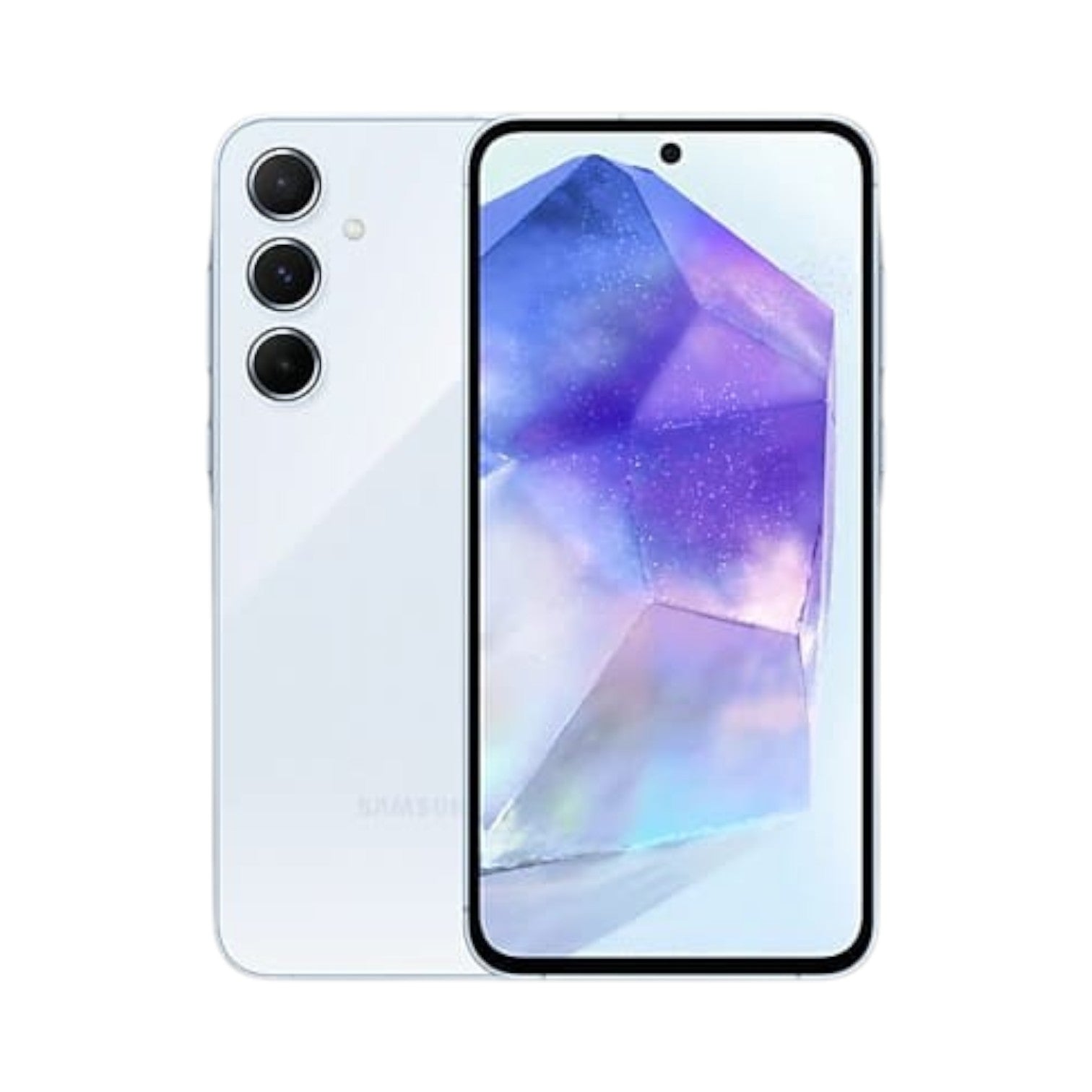 OBtech Samsung Galaxy A55 5G smartphone in light blue with a triple camera system and vibrant AMOLED display.