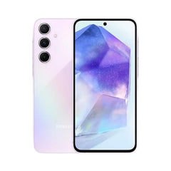 OBtech Samsung Galaxy A55 5G smartphone in light purple with a triple camera system and vibrant AMOLED display.