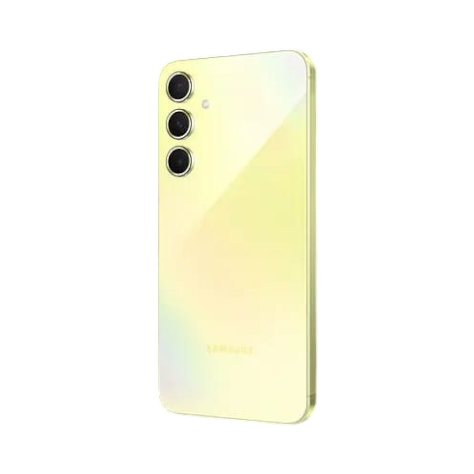 OBtech Samsung Galaxy A55 5G smartphone in a pale yellow glass finish with a triple camera setup on the back.