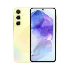 OBtech Samsung Galaxy A55 5G smartphone in yellow with a triple camera system and vibrant 6.6-inch AMOLED display.