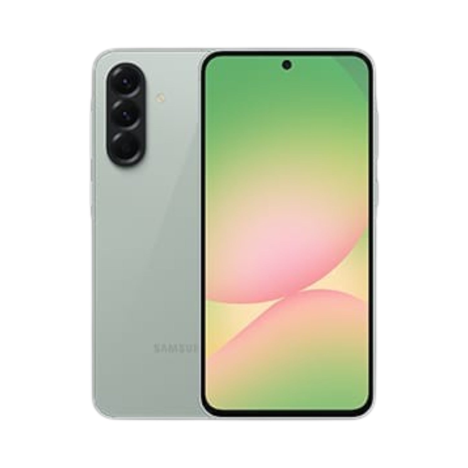 OBtech Samsung Galaxy A56 5G smartphone in light green, showing front display and triple rear camera setup.