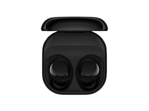 OBtech Samsung Galaxy Buds Core wireless earbuds in black with an open charging case, featuring a sleek design.