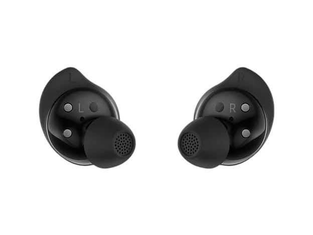 OBtech Samsung Galaxy Buds Core wireless earbuds in black with ergonomic silicone wing tips for a secure fit.