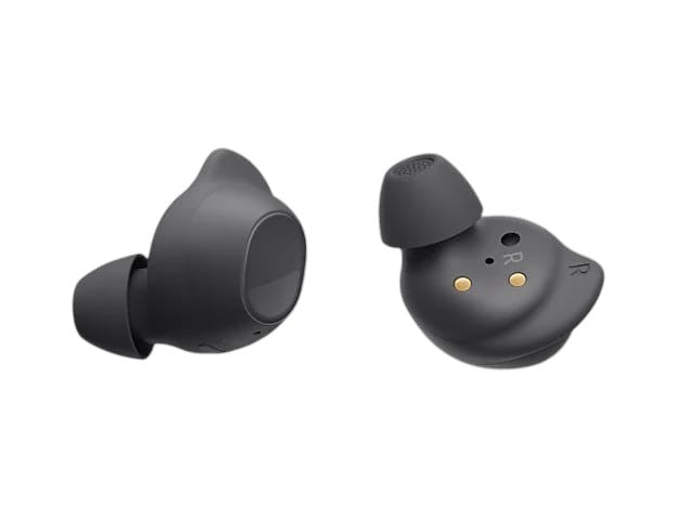 OBtech Samsung Galaxy Buds FE wireless earbuds in matte grey with ergonomic wingtips for a secure fit.
