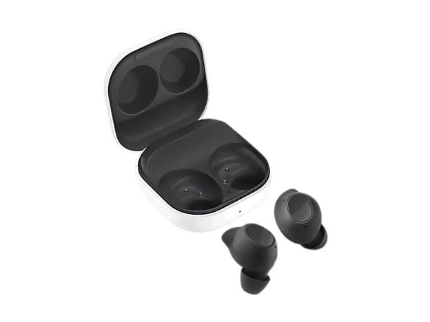 OBtech Samsung Galaxy Buds FE wireless earbuds in graphite with open charging case on a black background