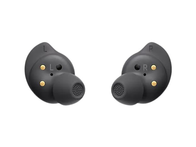 OBtech Samsung Galaxy Buds FE wireless earbuds in graphite with ergonomic wingtips and gold charging contacts