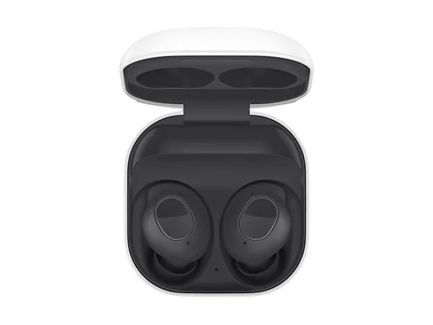 OBtech Samsung Galaxy Buds FE wireless earbuds in a white charging case with ergonomic wingtips and black finish