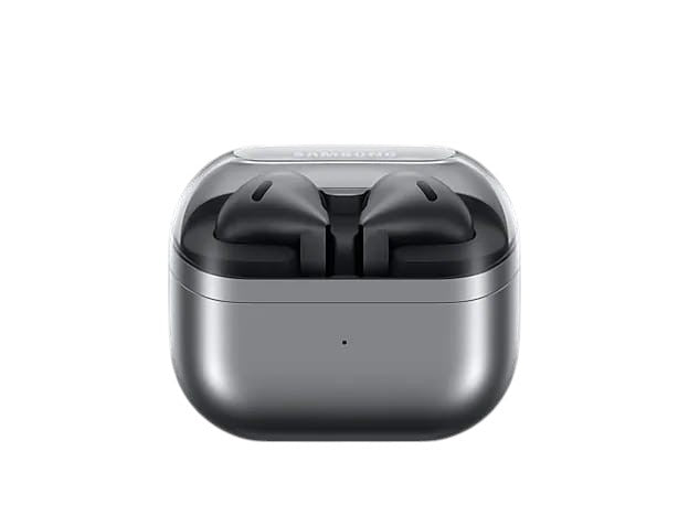 OBtech Samsung Galaxy Buds3 wireless earbuds in a sleek silver charging case with a transparent lid.