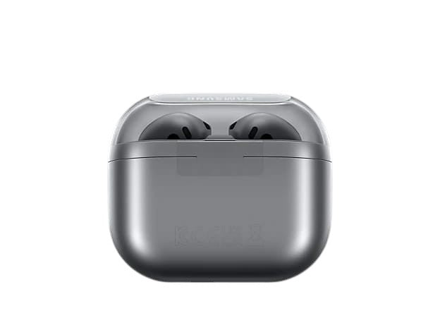 OBtech Samsung Galaxy Buds3 wireless earbuds inside their sleek silver charging case against a black background