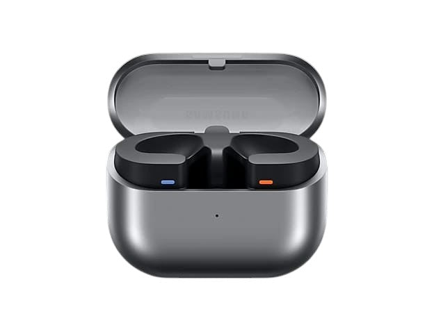 OBtech Samsung Galaxy Buds3 wireless earbuds in a silver charging case with blade-style design and color indicators