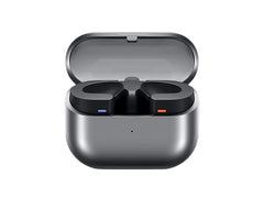 OBtech Samsung Galaxy Buds3 wireless earbuds in a silver charging case with blade-style design and color indicators