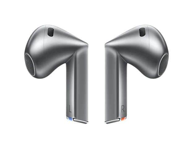OBtech Samsung Galaxy Buds3 wireless earbuds in silver with a sleek blade-style open-fit design on a black background.