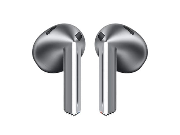 OBtech Samsung Galaxy Buds3 wireless earbuds featuring a sleek silver blade-style open-fit design on a black background.