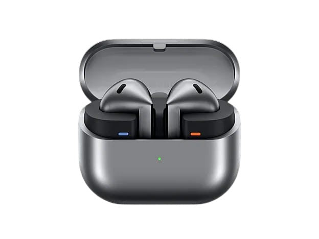 OBtech Samsung Galaxy Buds3 wireless earbuds in a silver charging case with blade-style design and color indicators