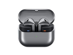 OBtech Samsung Galaxy Buds3 wireless earbuds in a silver charging case with blade-style design and color indicators