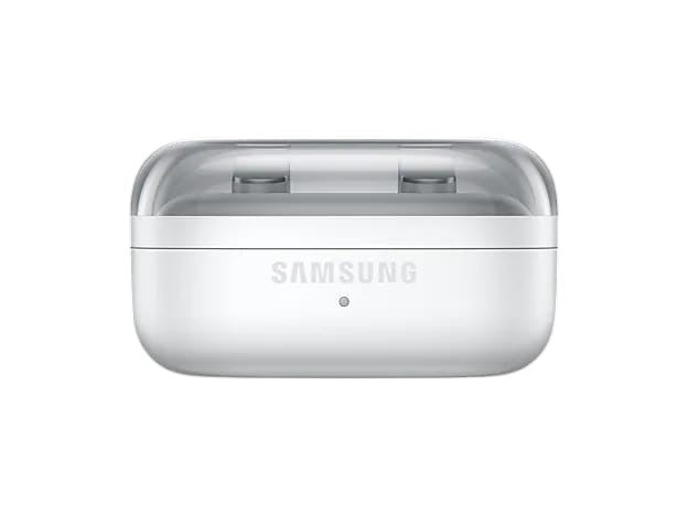 OBtech Samsung Galaxy Buds4 white wireless charging case with a transparent lid showing earbuds inside
