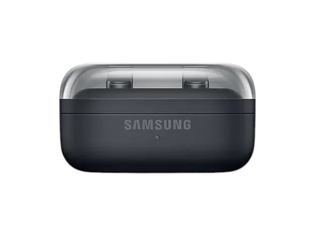 OBtech Samsung Galaxy Buds4 charging case in matte black with a sleek, transparent lid design.