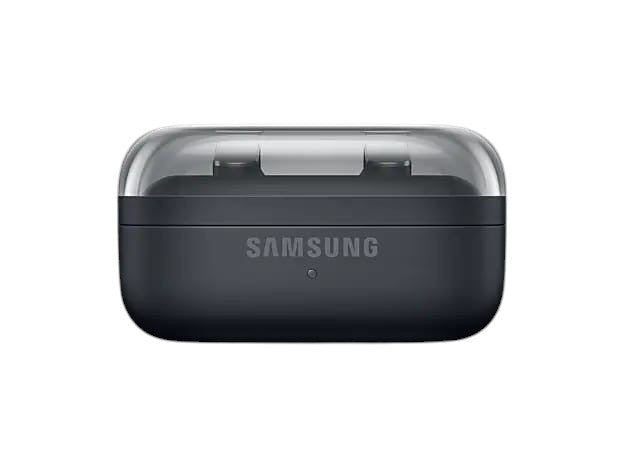 OBtech Samsung Galaxy Buds4 Pro charging case in matte black with a translucent lid, front view.