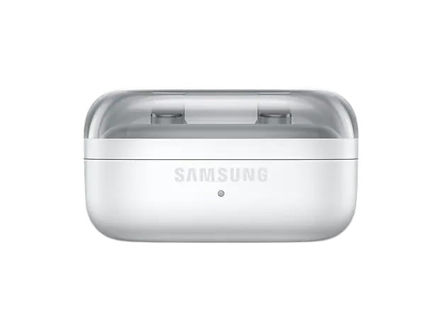OBtech Samsung Galaxy Buds4 Pro charging case in white with a sleek, transparent lid design.