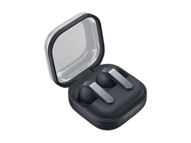 OBtech Samsung Galaxy Buds4 Pro wireless earbuds with a sleek metal blade design inside their open charging case.