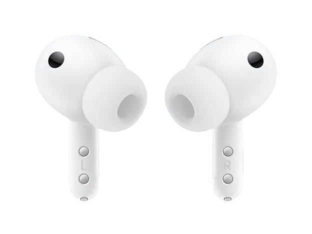 OBtech Samsung Galaxy Buds4 Pro wireless earbuds in white with a sleek metal blade design and silicone ear tips.