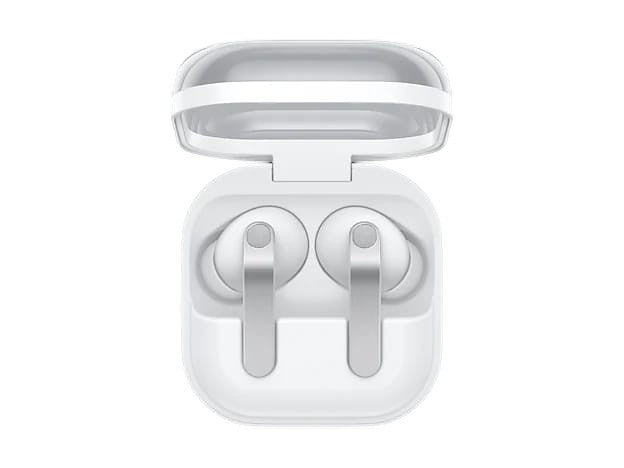 OBtech Samsung Galaxy Buds4 Pro wireless earbuds in white with a metallic blade design inside their open charging case.