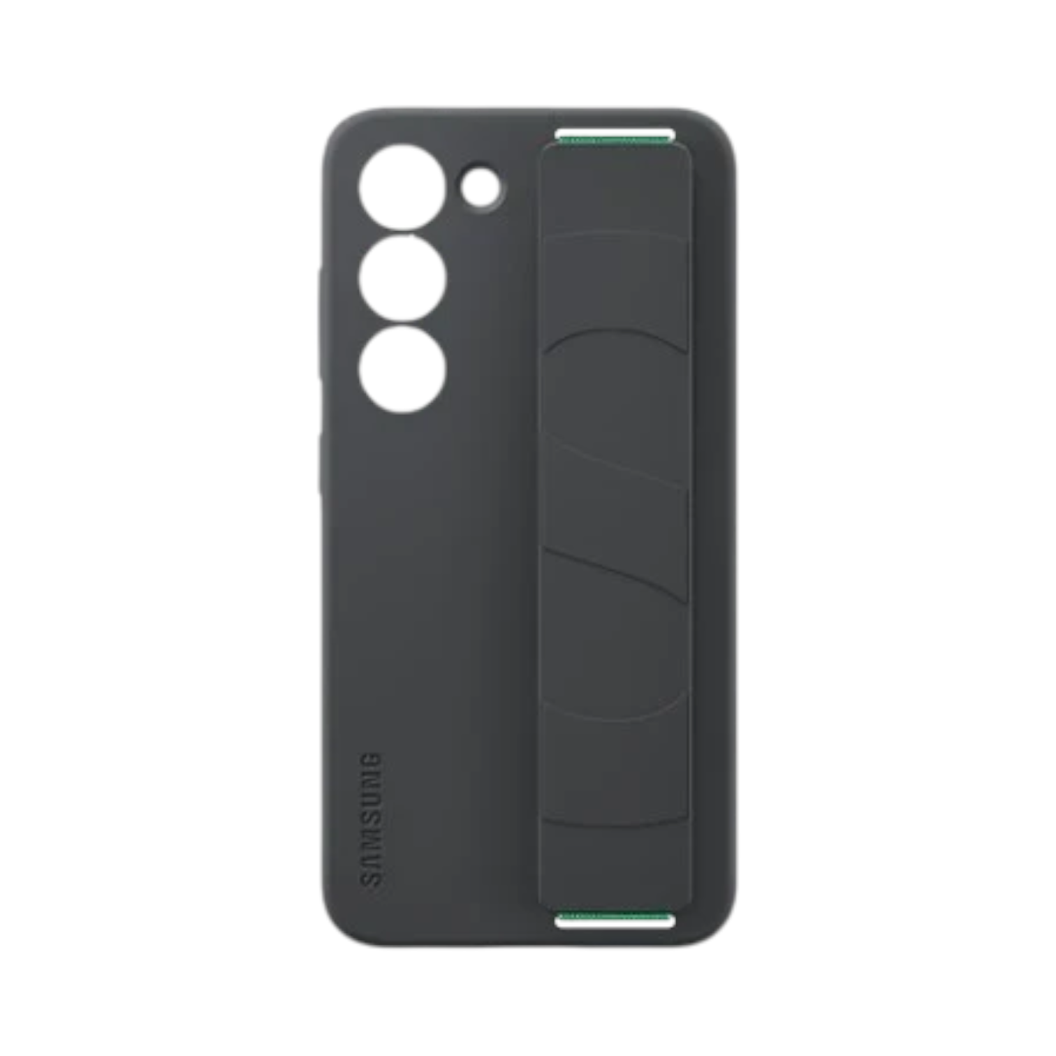OBtech Samsung Galaxy S23+ silicone grip cover in matte black with an integrated security strap on the back
