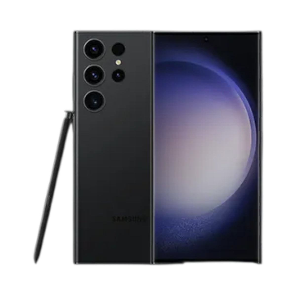 OBtech Samsung Galaxy S23 Ultra smartphone in black with S Pen stylus, showing front display and rear camera array.