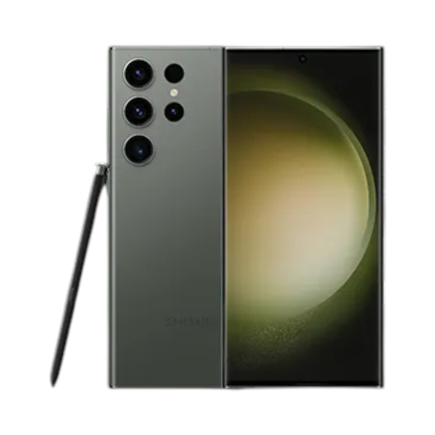 OBtech Samsung Galaxy S23 Ultra in green with S Pen, showing front display and rear camera array.