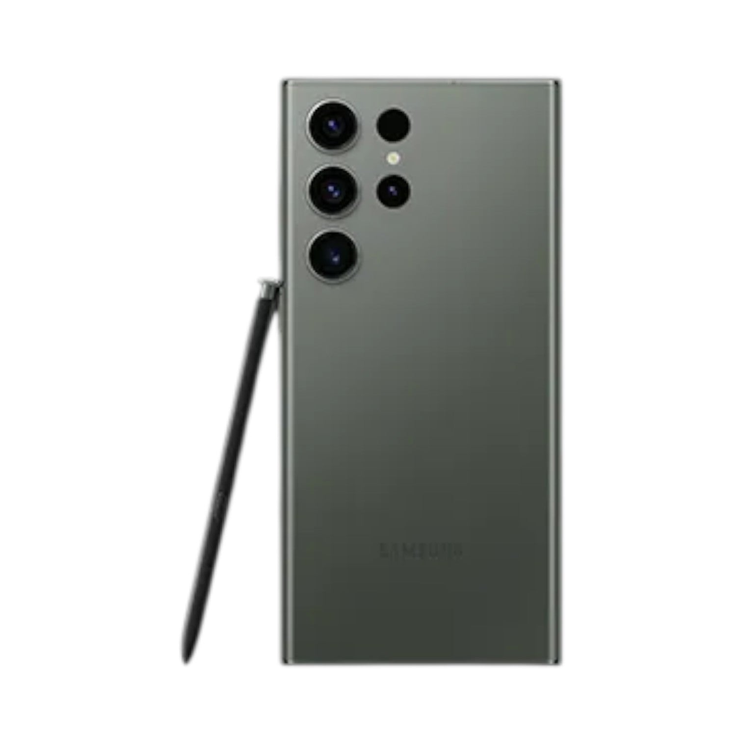 OBtech Samsung Galaxy S23 Ultra in green with its integrated S Pen stylus shown beside the rear camera array.
