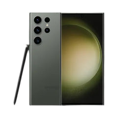OBtech Samsung Galaxy S23 Ultra in green with S Pen, showing front display and rear camera array.