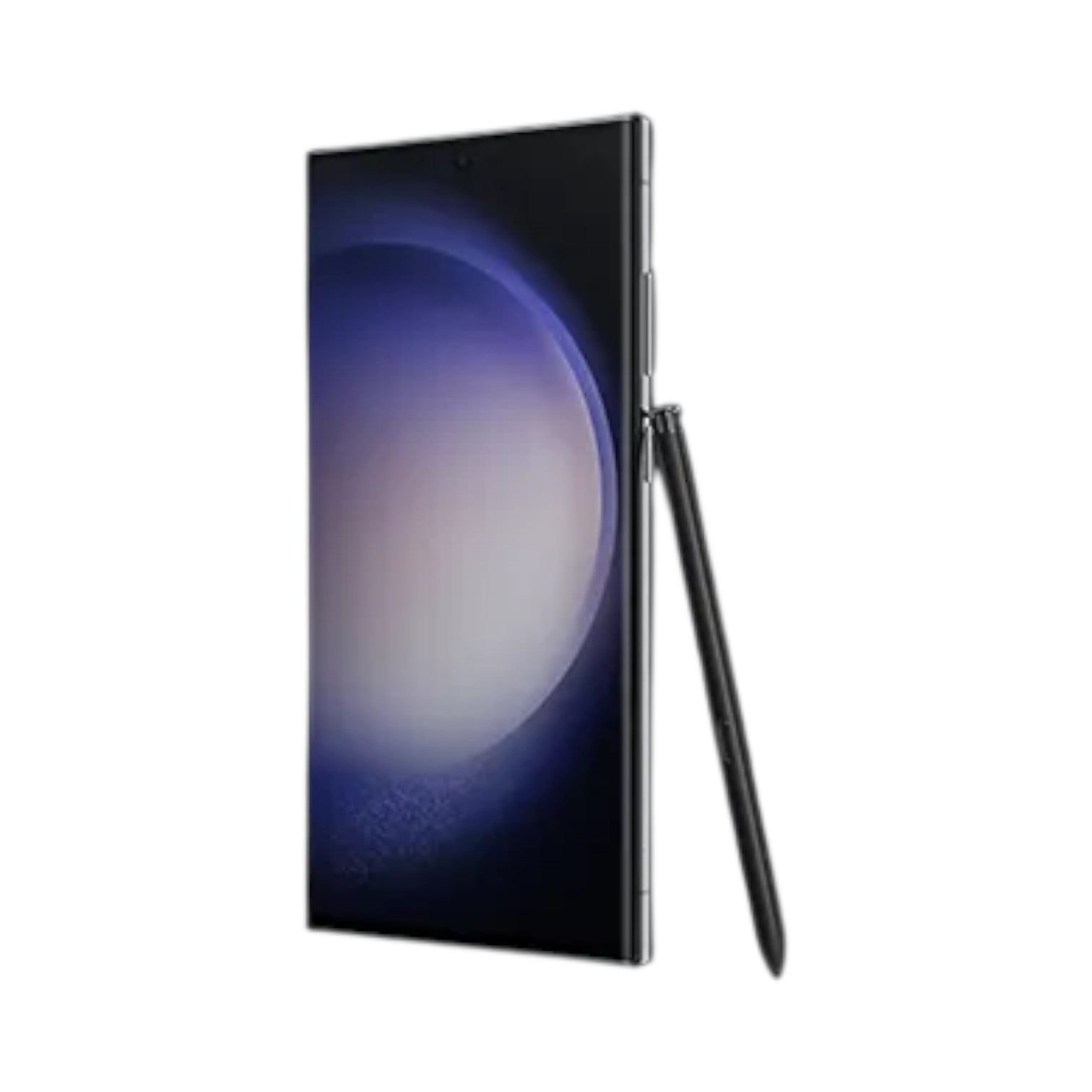 OBtech Samsung Galaxy S23 Ultra smartphone with S Pen stylus, showing the sleek glass and aluminum side profile.