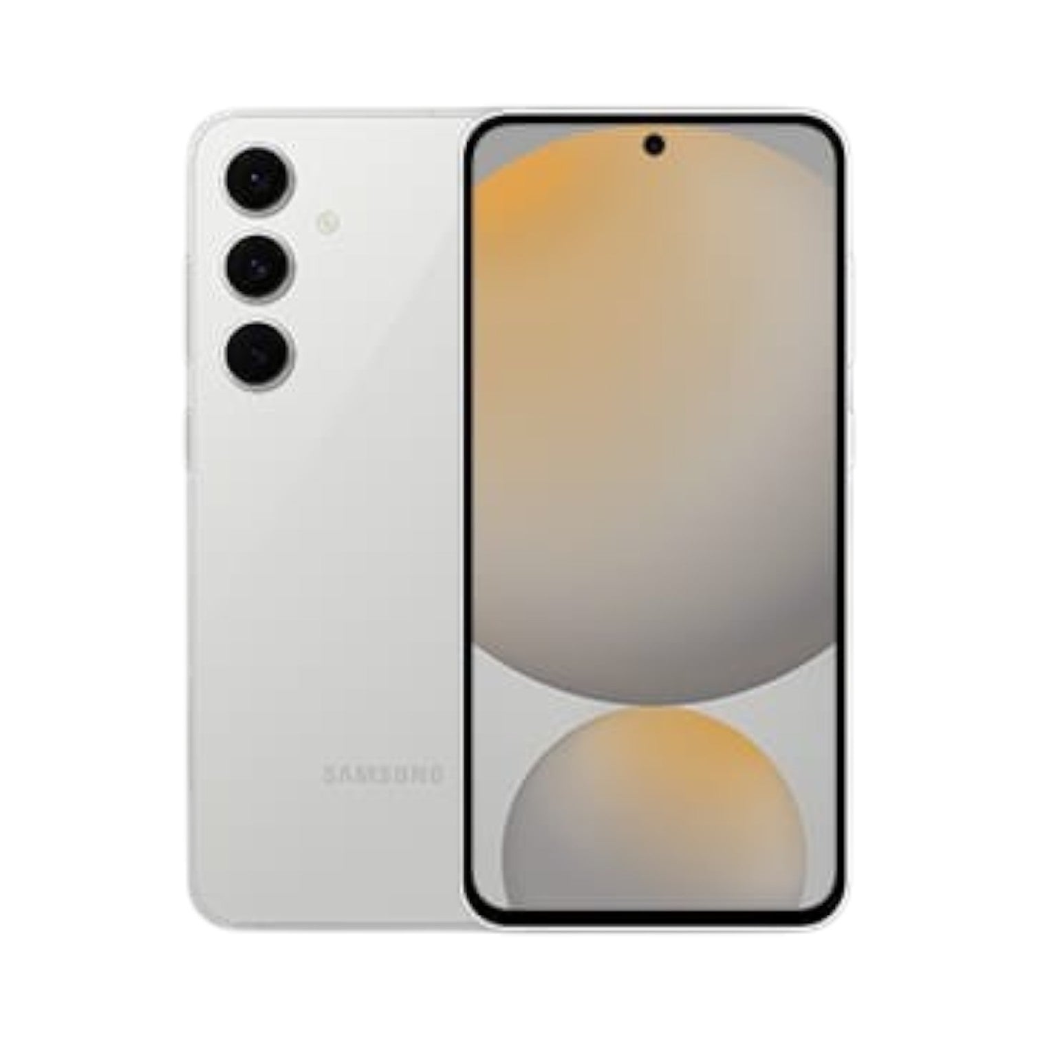 OBtech Samsung Galaxy S24 FE smartphone in white showing the front display and triple-camera rear panel.