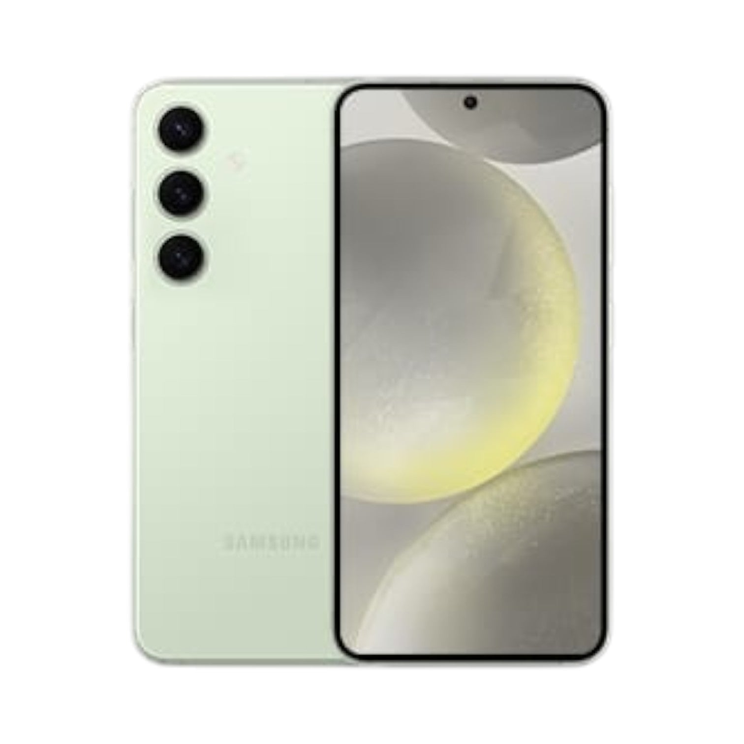 OBtech Samsung Galaxy S24 smartphone in light green with a triple camera system and vibrant AMOLED display.